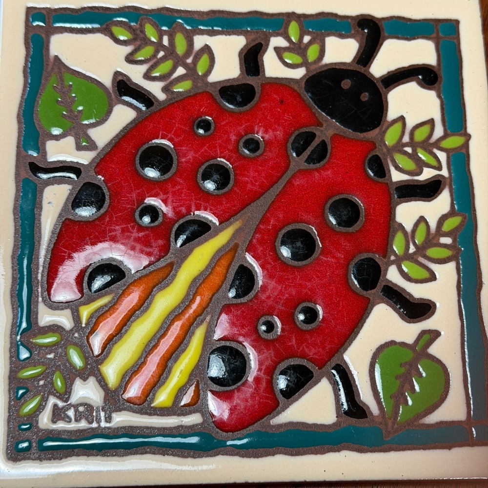 Earthtones Ladybug Art Tile Hand Glazed Ceramic Trivet Wall Hanging 6x6 Nature